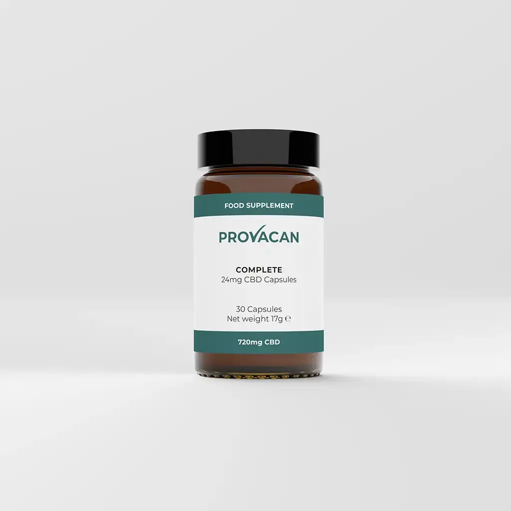 A jar of Provacan Complete 24mg CBD Capsules
30 Capsules, Net weight 17g, 720mg CBD